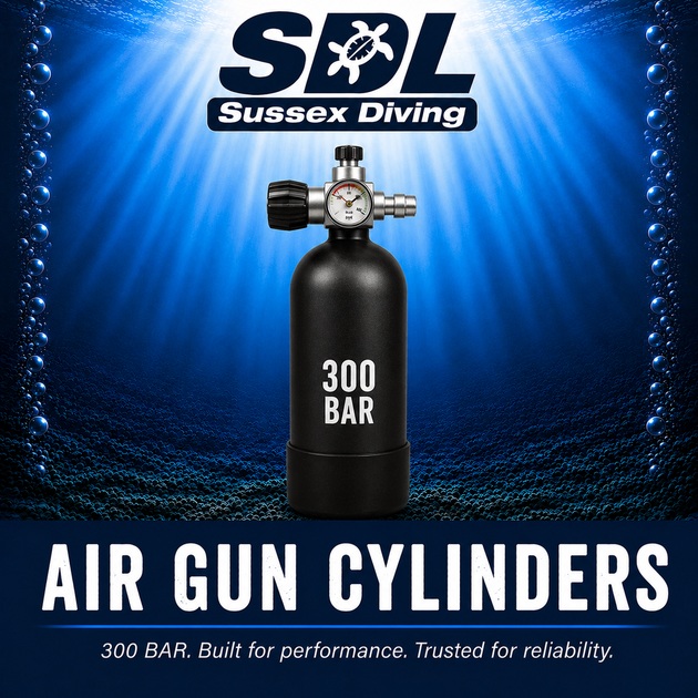 300 bar PCP air rifle charging cylinders with pressure gauges and charging valves at Sussex Diving
