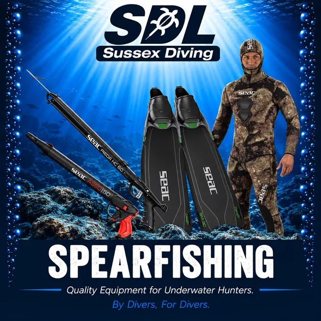 SEAC spearfishing equipment including spearguns, specialist fins and wetsuits at Sussex Diving