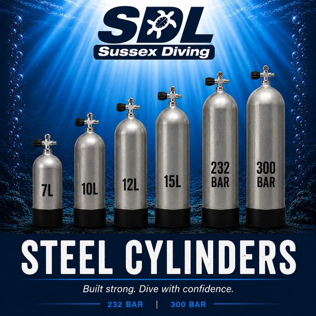 232 bar and 300 bar steel scuba diving cylinders available from Sussex Diving in Selsey