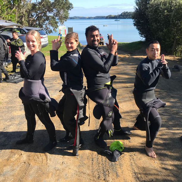 Local diver surfacing after a winter dive in Auckland