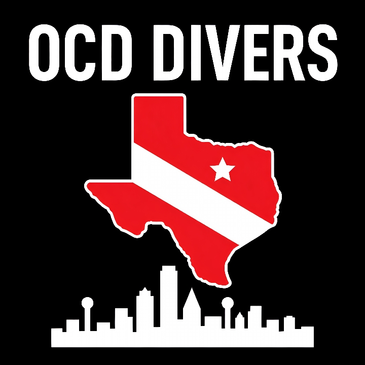 OCD Divers logo featuring Texas diver flag design with Dallas Skyline