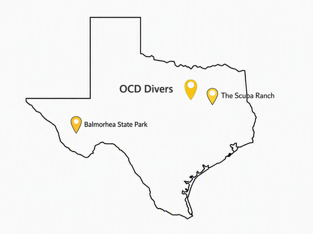 State of Texas with OCD Divers shop and training locations pinned