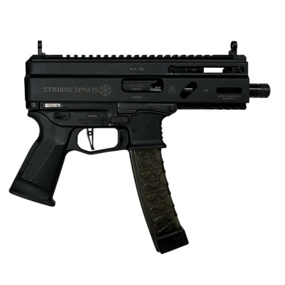 Grand Power Stribog SP9A3S Pistol - Black | 9mm | 5" Threaded Barrel | 30rd | PDW Brace w/ Tailhook