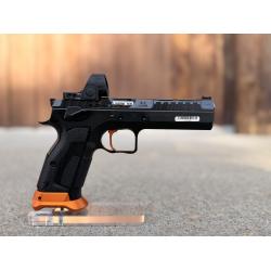 CZ TS 3 TACTICAL SPORT ORANGE 9MM 5.2IN BULL BARREL 20RD BLACK  MS OR STEEL FRAME FO FRONT/ADJ REAR SIGHT SA ONLY G10 GRIPS W/ TRIJICON SRO 2.5 MOA