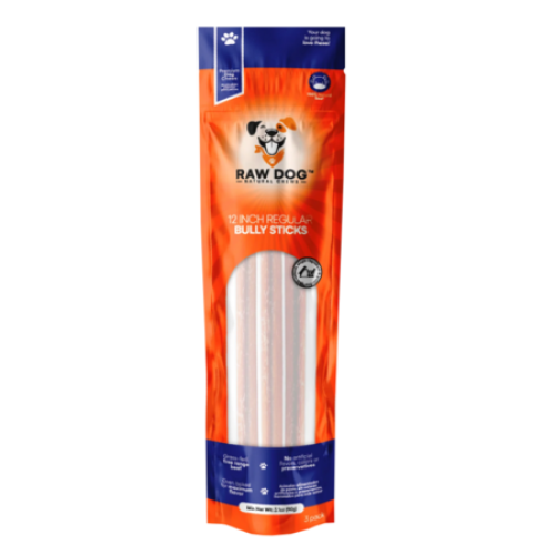 Raw Dog Regular Bully Stick 12" 3/Bag (Low-Odor)