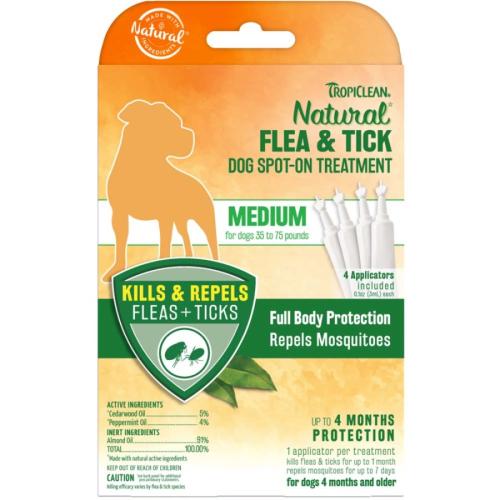 TropiClean Natural Flea Tick Spot On Treatment for Dogs 35-75 4pk