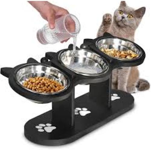 3-Tier Adjustable Elevated Cat Feeder with Stainless Steel Bowls - 15° Tilted Raised Pet Bowl Stand