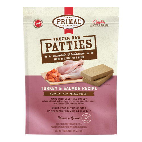 Primal Frozen Dog Raw Turkey Salmon Patties 6#