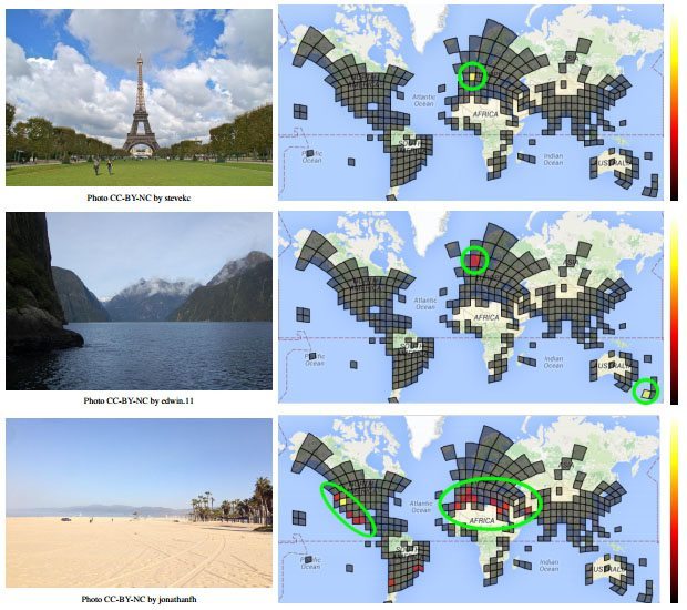 Photos shown to PlaNet (left) and the resulting probability distribution showing where the photo was likely taken (right).
