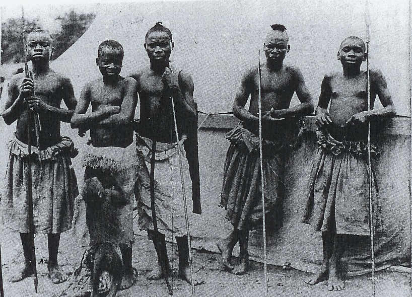 Benga (second from left) and the Batwa in St. Louis. Image: The South Carolina Library, University of South Carolina, Colimbia, S.C. in The Pygmy in the Zoo