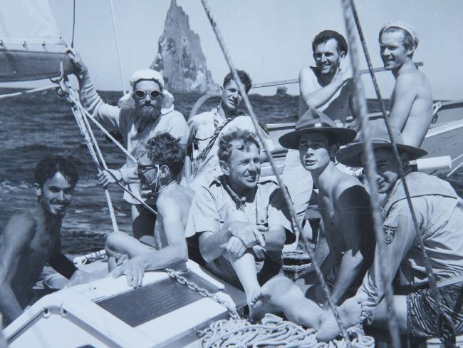 Dick Smith holding court with his crew that attempted to climb Balls Pyramid in Dec 1964