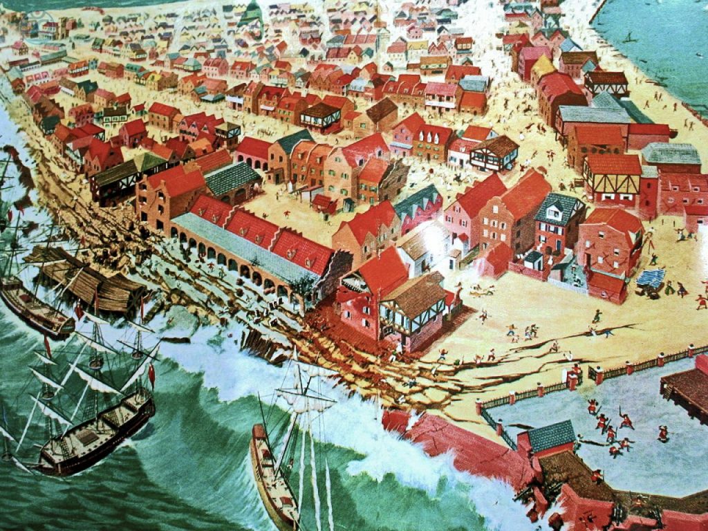Robert W. Nicholson created this artistic impression of events which occurred during the June 7, 1692 “Port Royal Earthquake.” The scene recreates the destruction caused by the quake and resulting tsunami which sent much of Port Royal into the sea.