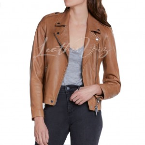 ASYMMETRICAL ZIPPER CLOSURE WOMEN LEATHER JACKET ss