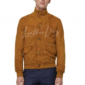 BUTTON CLOSURE SUEDE LEATHER BOMBER JACKET s