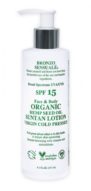 Certified Organic Hemp Seed Suntan Lotions are available in SPF 15 and SPF 30.