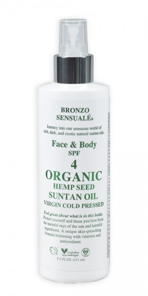 Certified Organic Hemp Seed Suntan Oils are available in SPF 0, SPF 4, SPF 8, and SPF 15.
