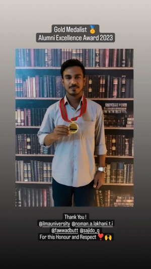 Adnan Ahmed Alam recieving Gold Medal from Mr. Noman Abid Lakhani,  Chancellor  of ILMA University