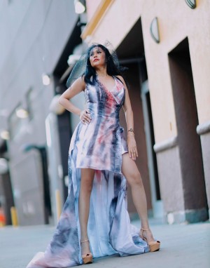 Model Mya Moretto Wearing fashion designer  Rojen blood Moon Collection 