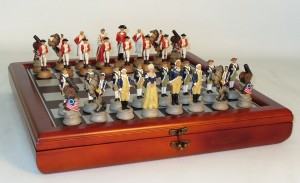 American Revolution Chessmen on Cherry Stained Chest Chess Set