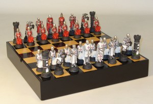 Crusades Templar Knights Chessmen on Black Maple Chest Chess Set