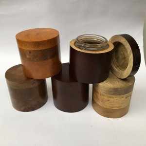 polished glass inside wood jars in 5 finishes