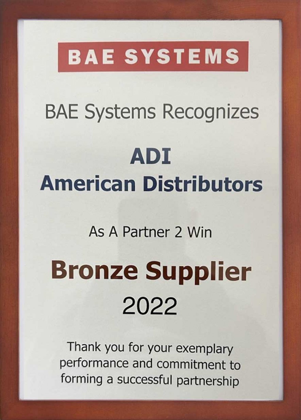 BAE Systems honors ADI American Distributors LLC with a Bronze Tier