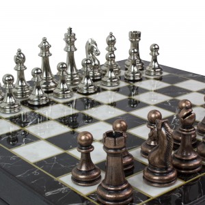 Brass & Silver Metal pieces with Marble Patterned Chess Box