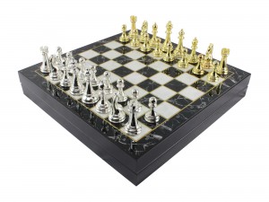 Gold & Silver Metal pieces with Marble Patterned Chess Box