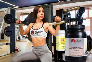 Vigor brand high protein meal replacement poster featuring a woman training chest at the gym