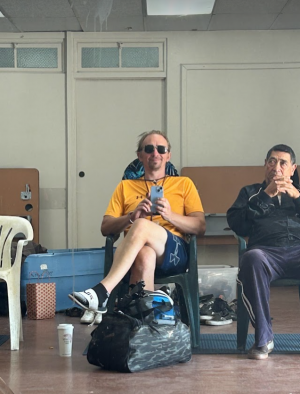 Waiting for his turn to take a shower at the shower ministry at First Presbyterian Church.