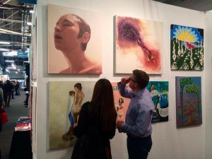 Rebie Ramoso’s digital painting (upper left corner), How I Forget You, exhibited at Art Expo New York 2018.  The digital painting explores the experience of separation, and how women cleanse themselves of painful memories.