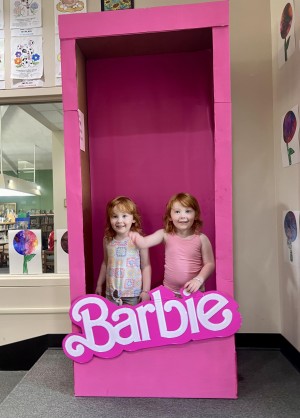 Twin sisters Luna Rhea Morrison age 3 in the lifesized Barbie Box from Grand Theater