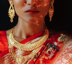 portrait hindu bride traditional red sari with golden acce