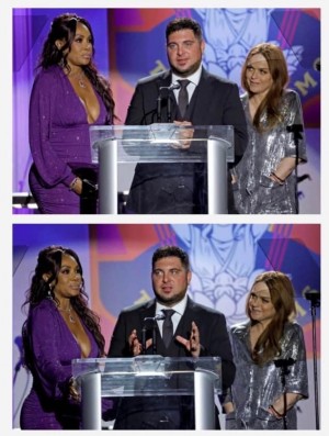 Tim Reabuto with co stars of Bobcat Moretti Vivica A. Fox and Taryn Manning speaking at MS gala