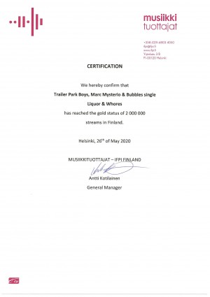 IFPI Gold Award for Trailer Park Boys x Marc Mysterio x Bubbles - Soundtrack