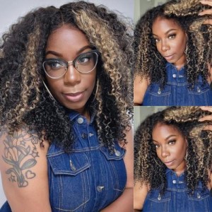 Bleached Knots Black and blonde Highlights 4c curly wig