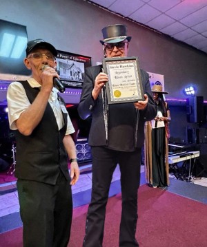 Jim Newport, Blues Hall of Fame ambassador presents Stevie Hawkins 