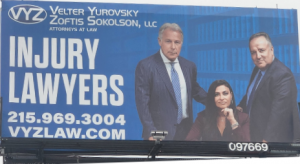 Philadelphia PA billboard of law firm Velter Yurovsky Zoftis Sokolson, LLC