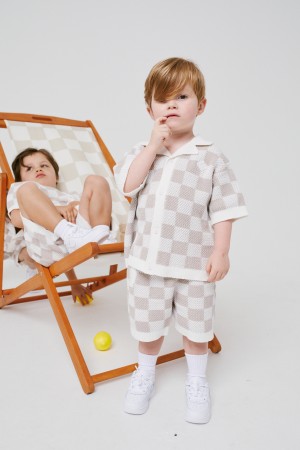 Kids Knitted Checkerboard Shorts in Ivory