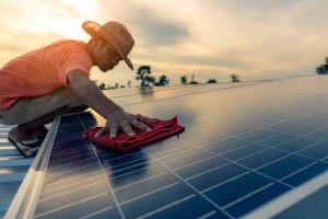 Worker is cleaning Solar Panels