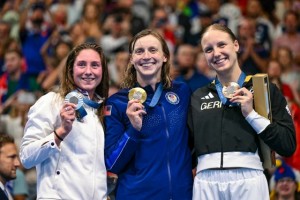 Silver Medalist Anastasiia Kirpichnikova, Gold Medalist Katie Ledecky, Bronze Medalist Isabel Gose