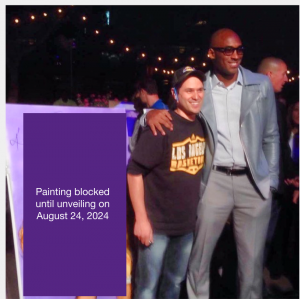 Kobe with Artist Alberto Villa pictured in front of MAMBA ON (obscured). 2013 MGM Las Vegas.