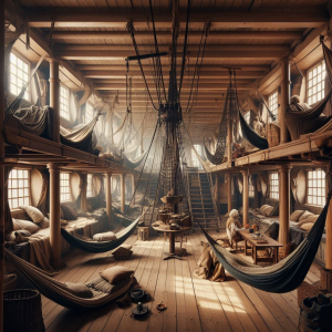 Ship living quarters on a dangerous ocean crossing.