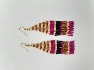 Brown and Pink Striped Beaded Fringe Earrings