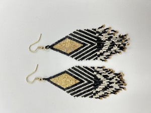 Handcrafted Beaded Earrings with Chevron Pattern in Black, White, and Gold