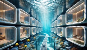 A breathtaking photorealistic image of a modern underwater villa community in Dubai The scene showca