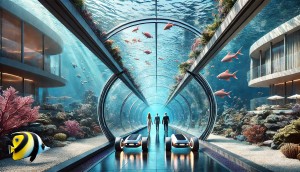 A stunning photorealistic image of a glass underwater tunnel connecting two luxurious underwater vil