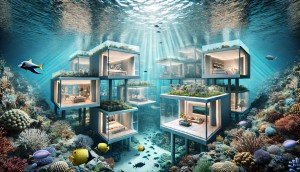 A stunning photorealistic image of a single luxurious underwater villa designed in a contemporary ar