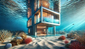 A stunning photorealistic image of a single luxurious underwater villa designed in a contemporary ar