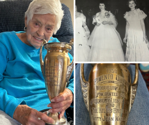 Bettye Jean in 1950 as Pimiento Queen, and today proudly holding her trophy
